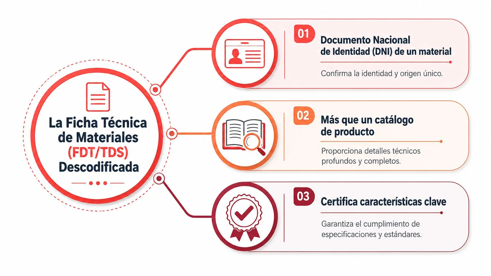 Infografía sobre la ficha técnica de materiales FDT o TDS y sus funciones principales de identificación y certificación.