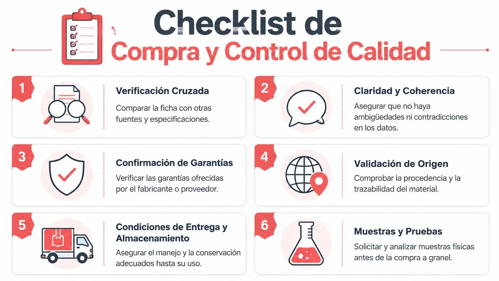 Lista de verificación para la compra y control de calidad de materiales técnicos con seis pasos clave.