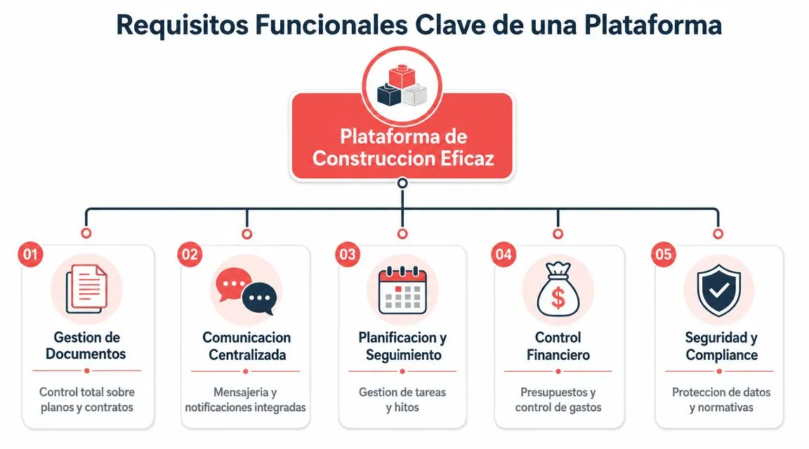 Infografía sobre los requisitos funcionales clave de una plataforma digital para la gestión eficaz de construcciones.