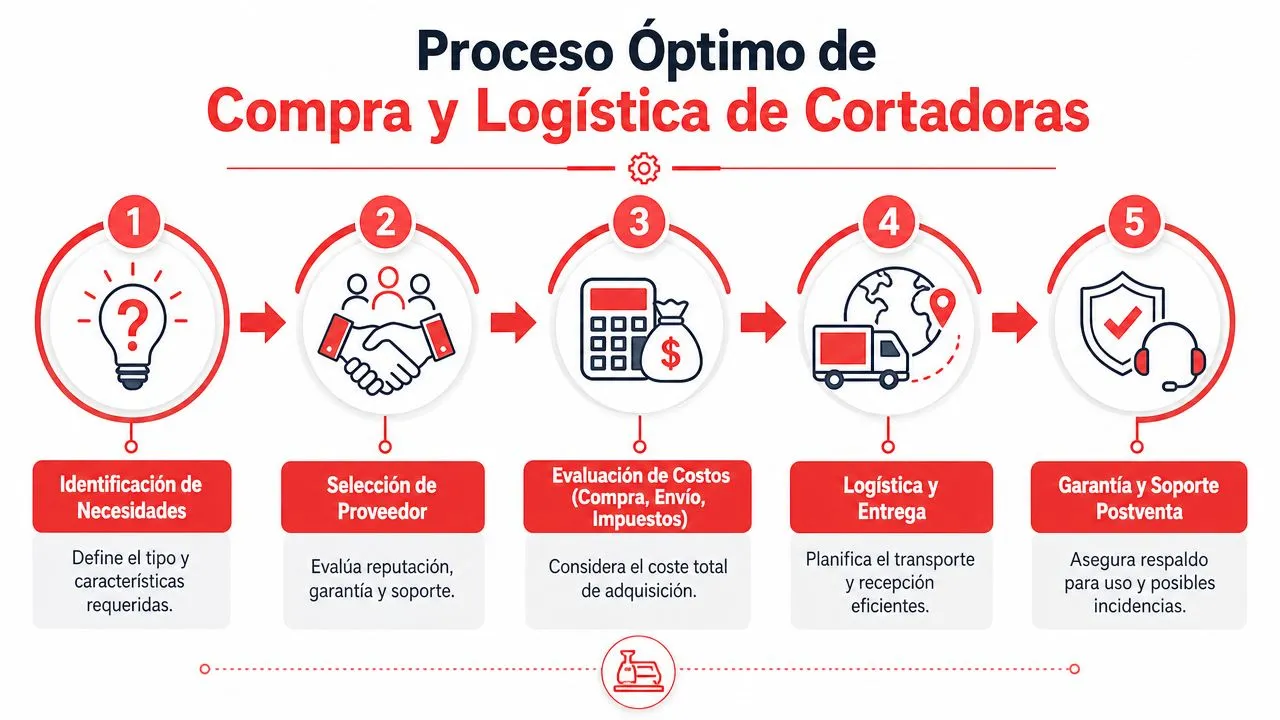 Diagrama del proceso óptimo de compra y logística para adquirir cortadoras de azulejos paso a paso.