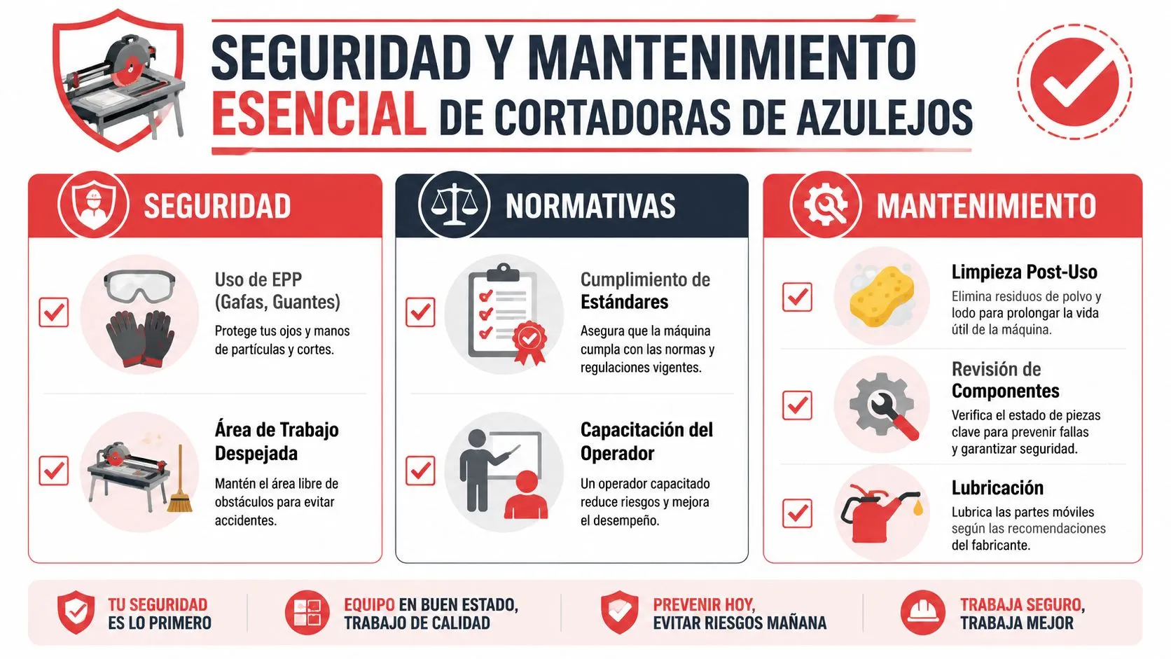 Infografía sobre seguridad, normativas y mantenimiento esencial para operarios de cortadoras de azulejos profesionales.