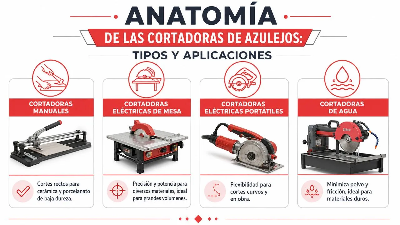 Infografía comparativa que detalla los tipos de cortadoras de azulejos y sus aplicaciones específicas en la construcción.