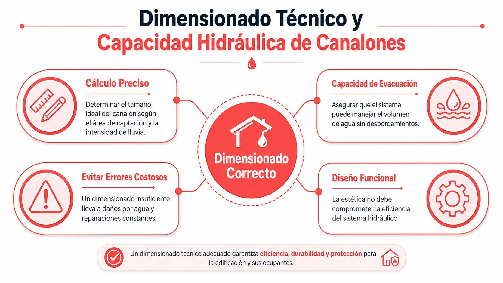 Infografía sobre el dimensionado técnico y la capacidad hidráulica necesaria para la instalación correcta de canalones.