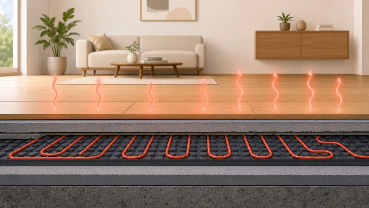 Representación transversal de un sistema de calefacción por suelo radiante instalado bajo el suelo de una sala.