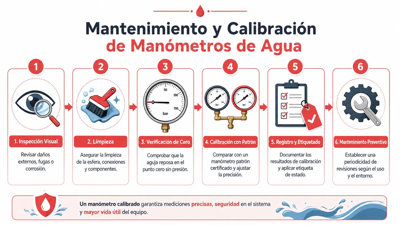 Infografía sobre los seis pasos necesarios para el mantenimiento y calibración profesional de manómetros de agua.