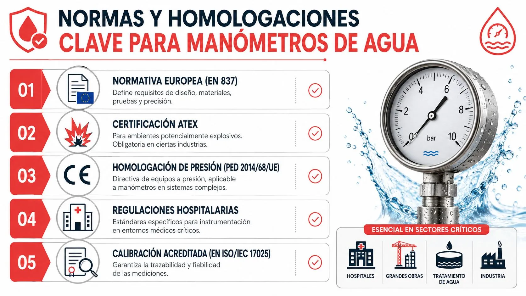 Infografía sobre normas y homologaciones esenciales para manómetros de presión de agua en entornos industriales y hospitalarios.