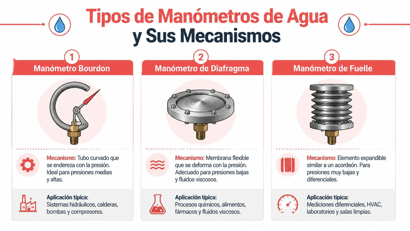 Infografía sobre tres tipos de manómetros de presión de agua: Bourdon, diafragma y fuelle con sus mecanismos.