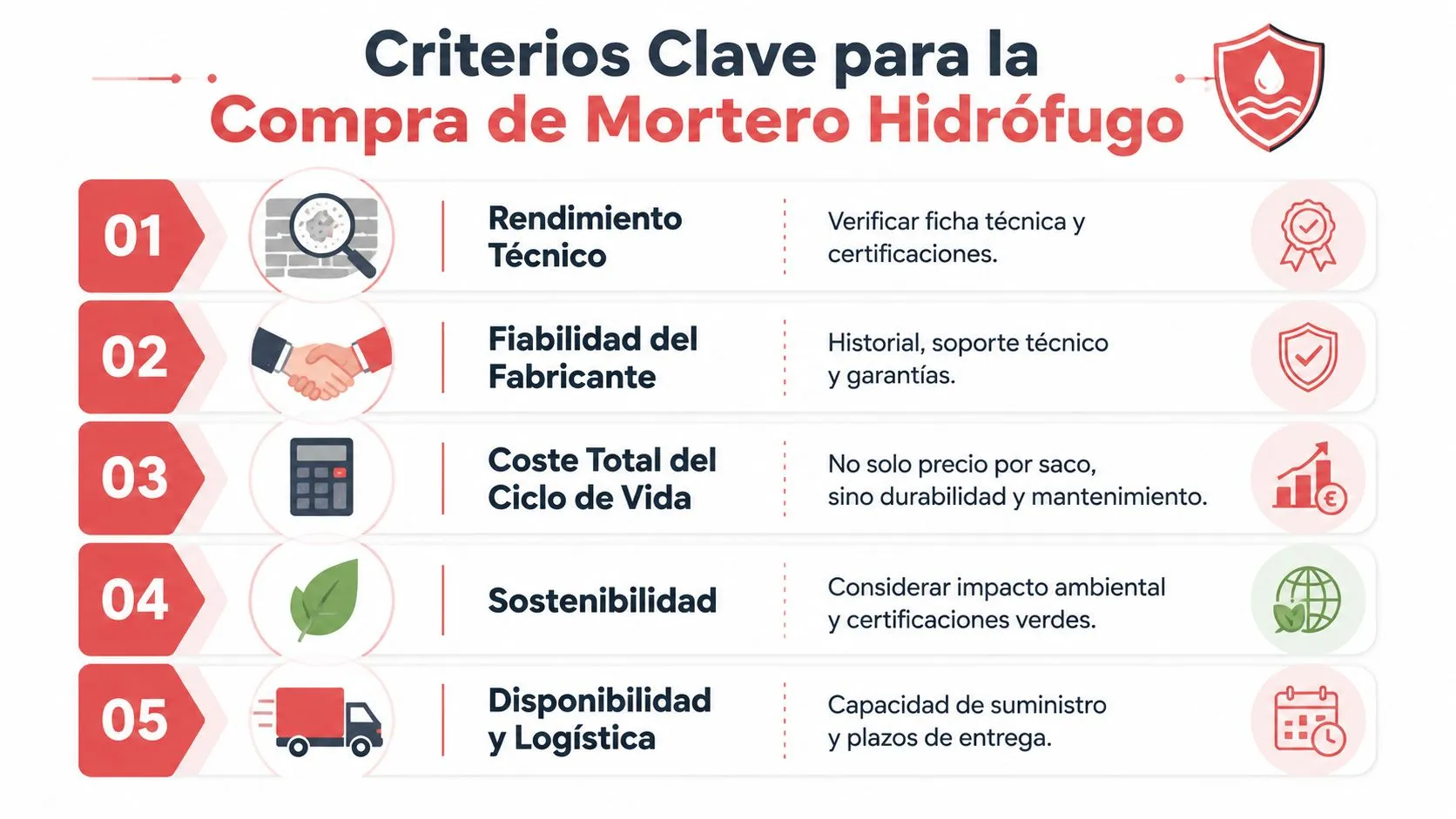 Infografía con cinco criterios esenciales para la compra profesional de mortero hidrófugo de alta calidad.
