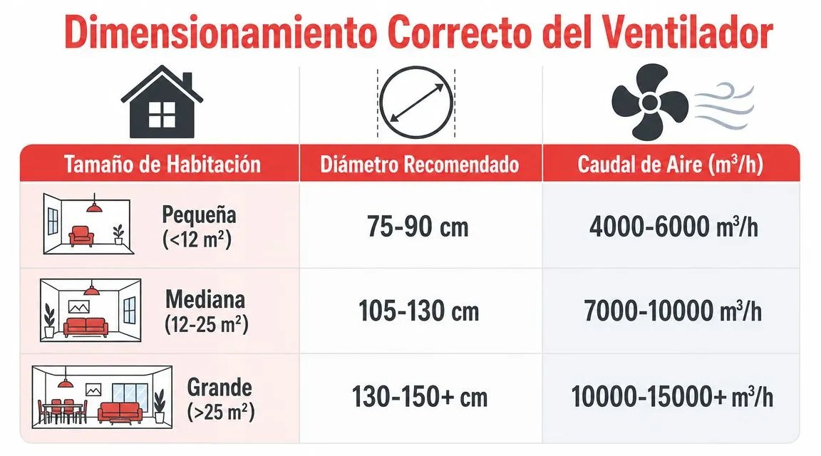 Tabla comparativa que indica el tamaño de ventilador de techo recomendado según los metros cuadrados de la habitación.