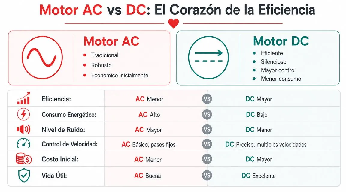 Comparativa técnica entre motores AC y DC destacando eficiencia, consumo, ruido, control, costo y vida útil.
