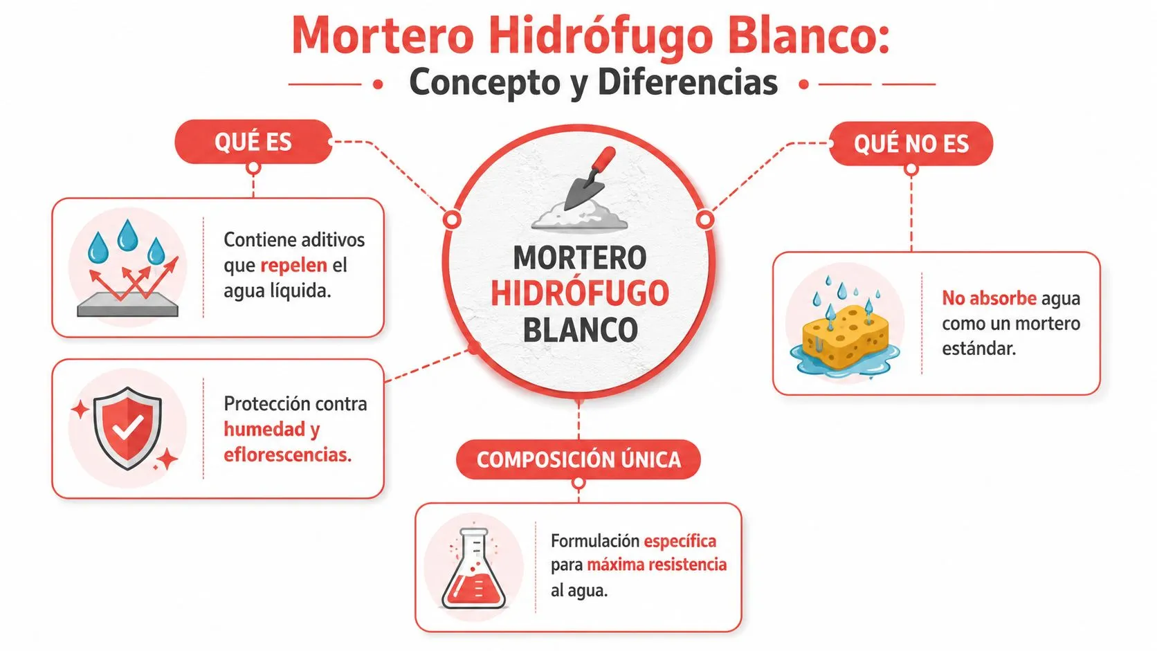 Infografía sobre el mortero hidrófugo blanco, detallando sus características, protección contra la humedad y composición única.
