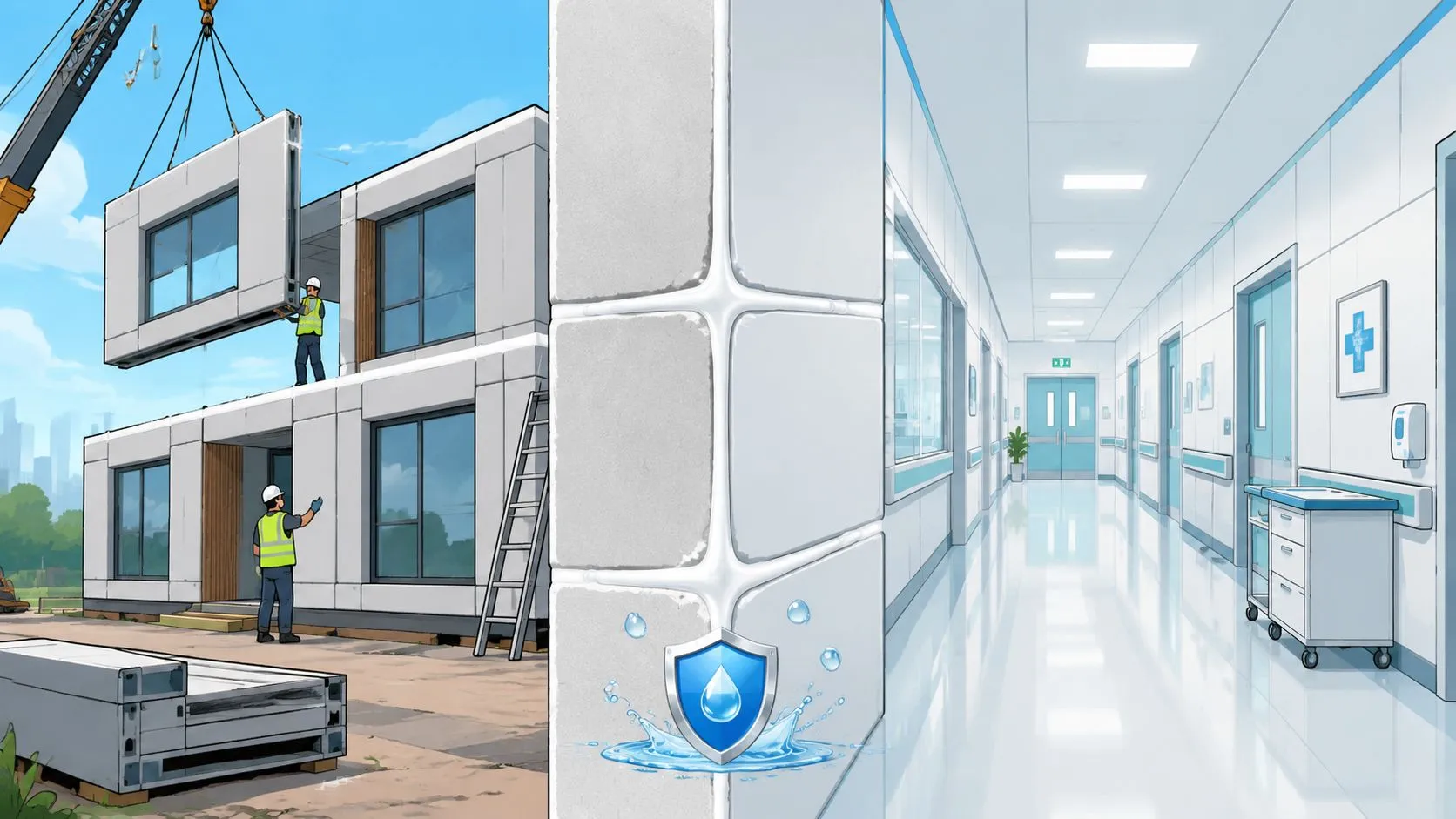 Trabajadores construyendo un edificio modular con mortero hidrófugo blanco en una escena dividida con un hospital.