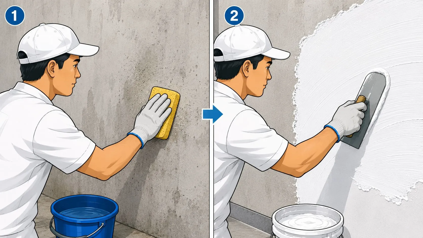 Un trabajador limpiando una pared con una esponja y luego aplicando mortero blanco con una llana.
