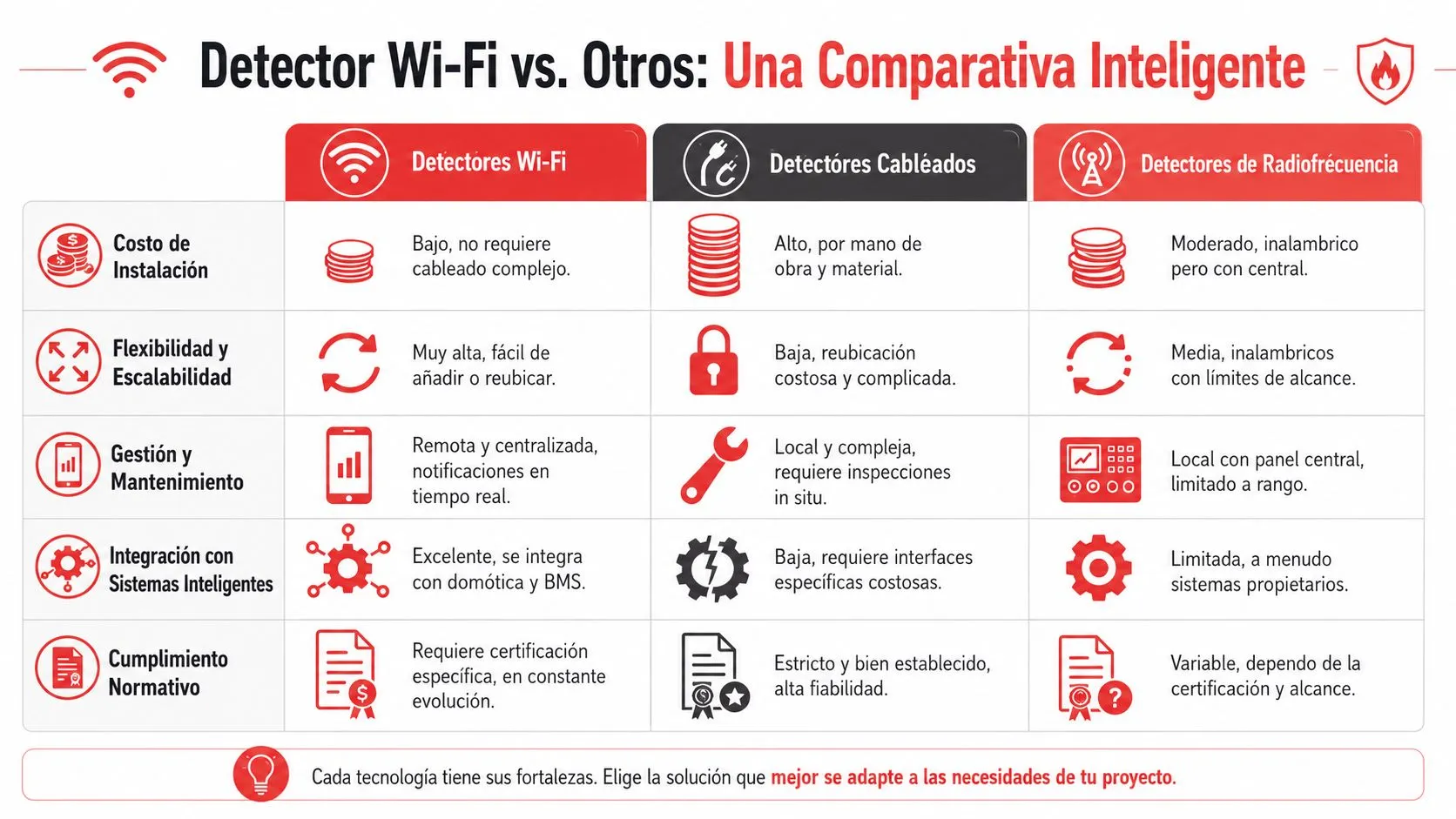 Tabla comparativa de detectores de humo Wi-Fi, cableados y de radiofrecuencia con sus características principales.
