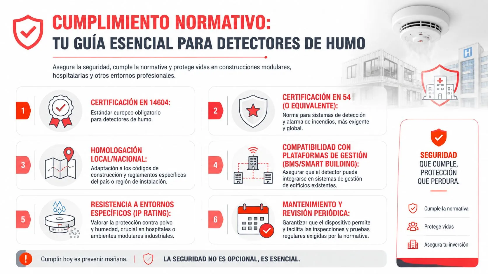 Infografía sobre cumplimiento normativo y estándares esenciales de seguridad para detectores de humo en entornos profesionales.