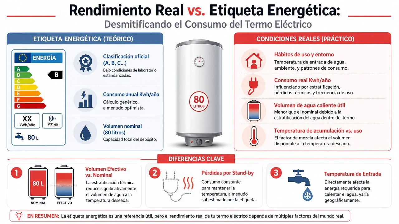 Infografía comparativa sobre la diferencia entre la etiqueta energética teórica y el rendimiento real del termo eléctrico.
