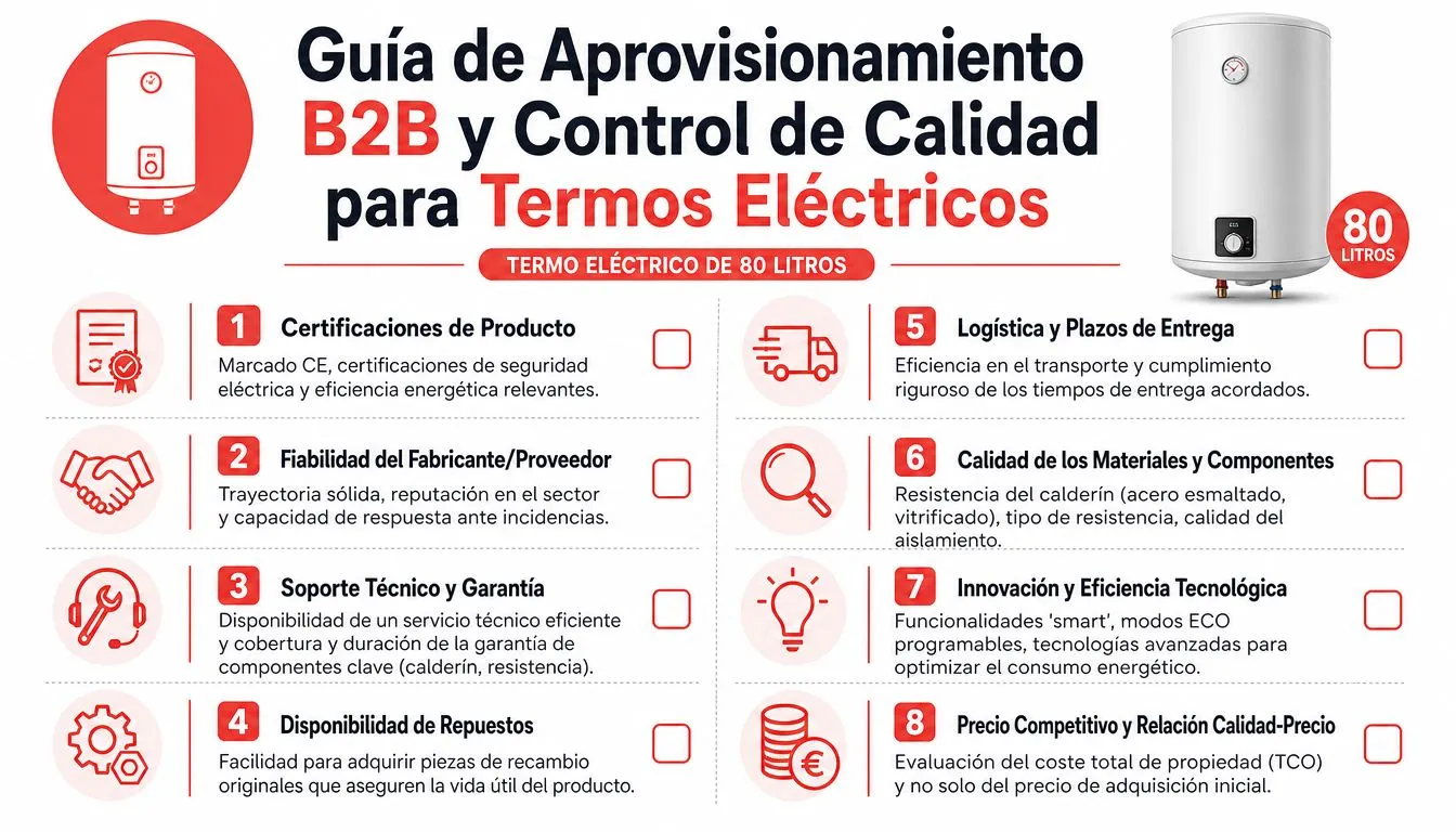 Infografía sobre guía de aprovisionamiento B2B y control de calidad para termos eléctricos de 80 litros.