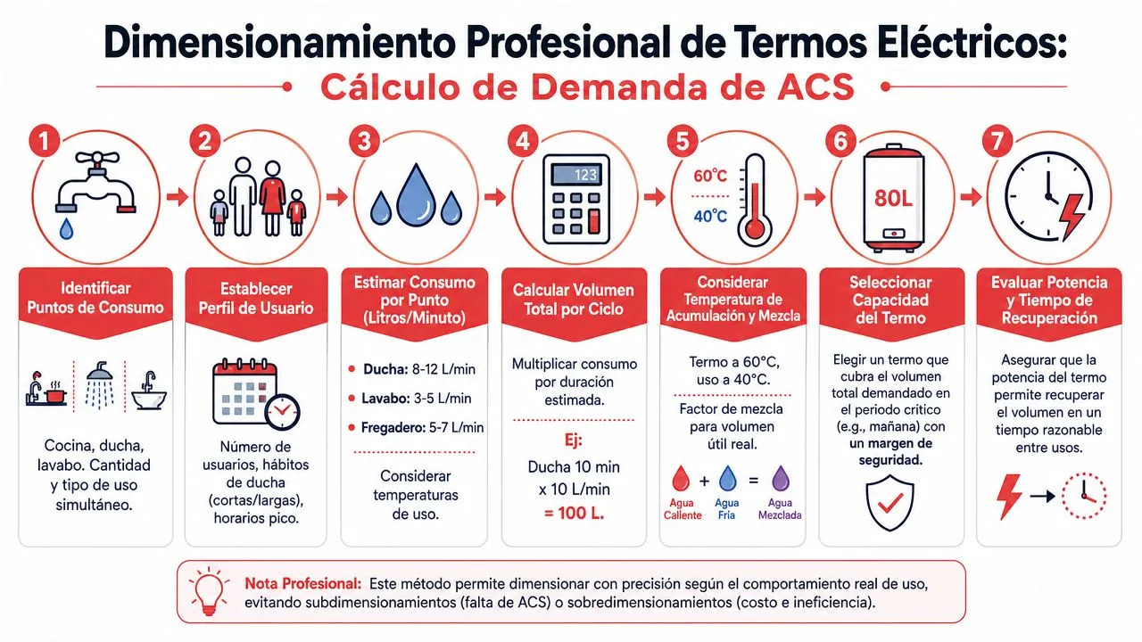 Infografía paso a paso sobre el dimensionamiento profesional y cálculo de demanda para termos eléctricos de agua.