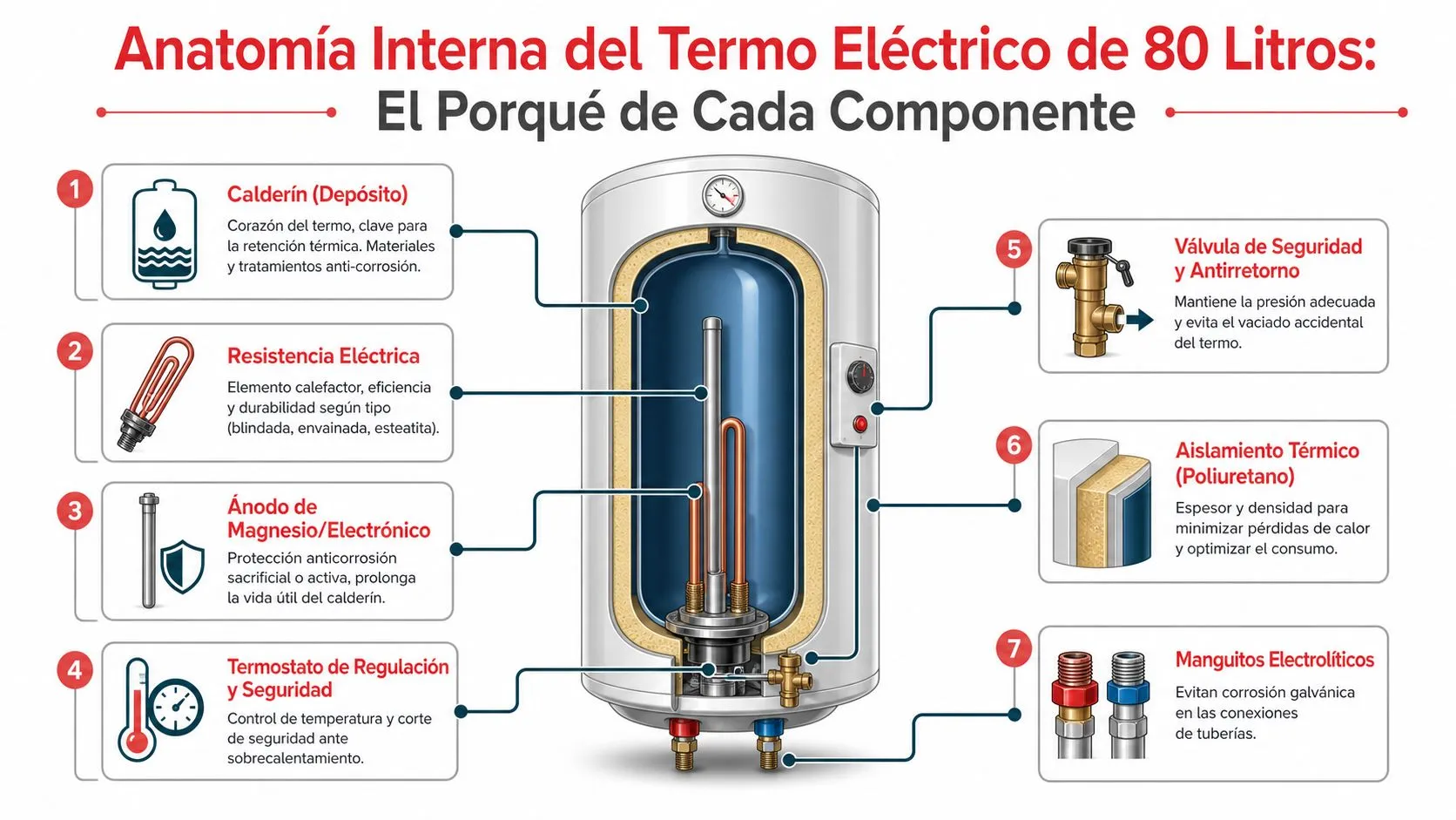 Diagrama detallado de la anatomía interna y componentes principales de un termo eléctrico de 80 litros.