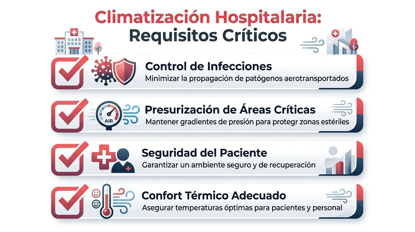 Infografía sobre los requisitos críticos de climatización hospitalaria, incluyendo control de infecciones, presurización, seguridad y confort térmico.
