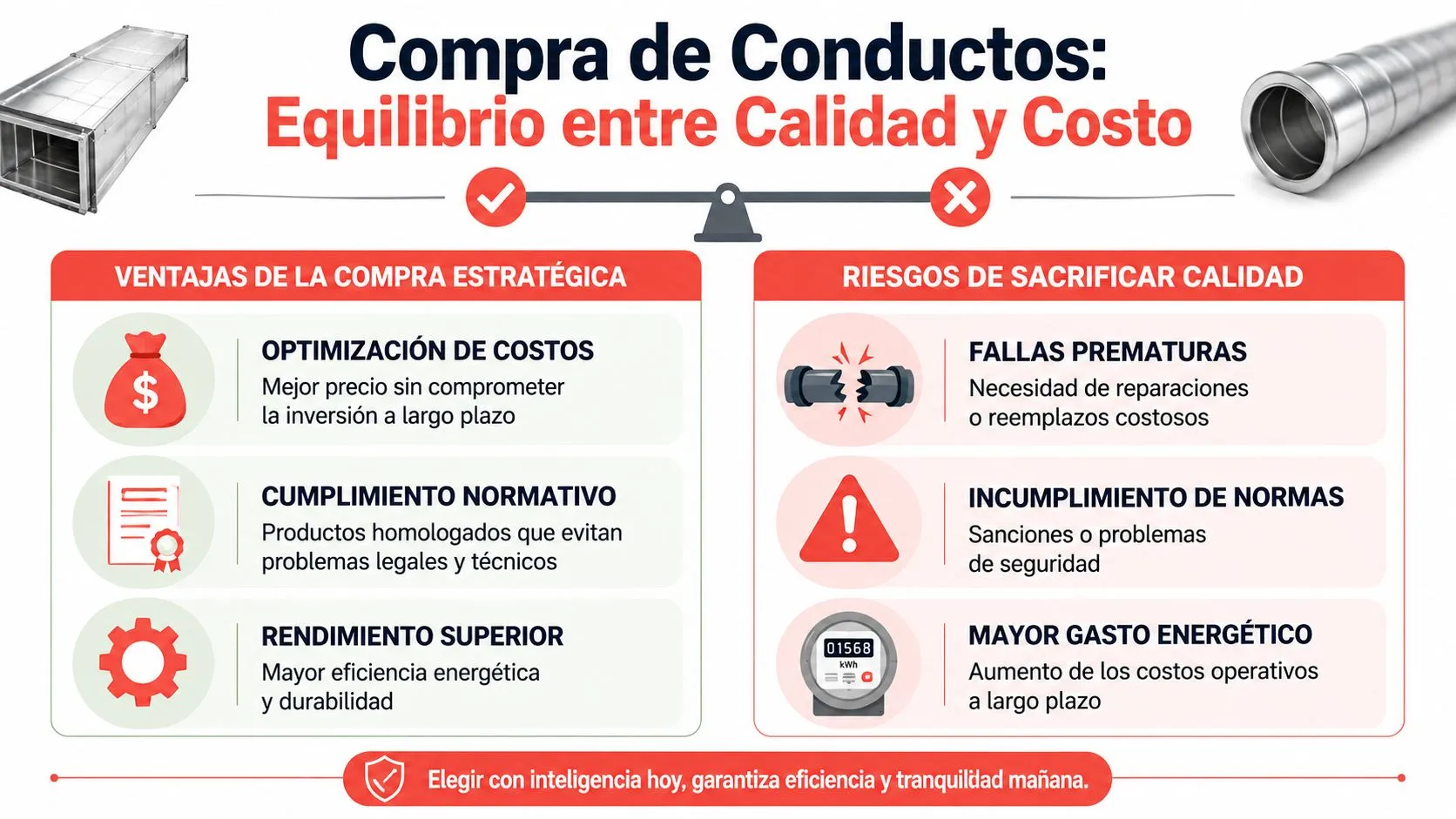 Infografía comparativa sobre la importancia estratégica de elegir conductos de aire acondicionado de alta calidad.