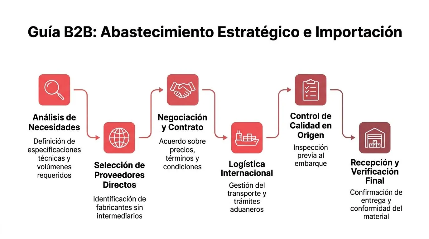 Diagrama de flujo que ilustra el proceso de abastecimiento estratégico e importación para empresas B2B internacionales.
