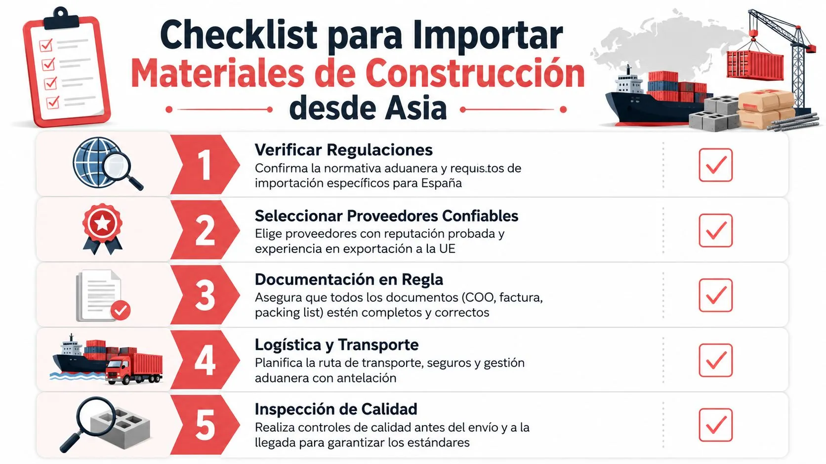 Infografía con una lista de cinco pasos esenciales para importar materiales de construcción desde Asia hacia España.
