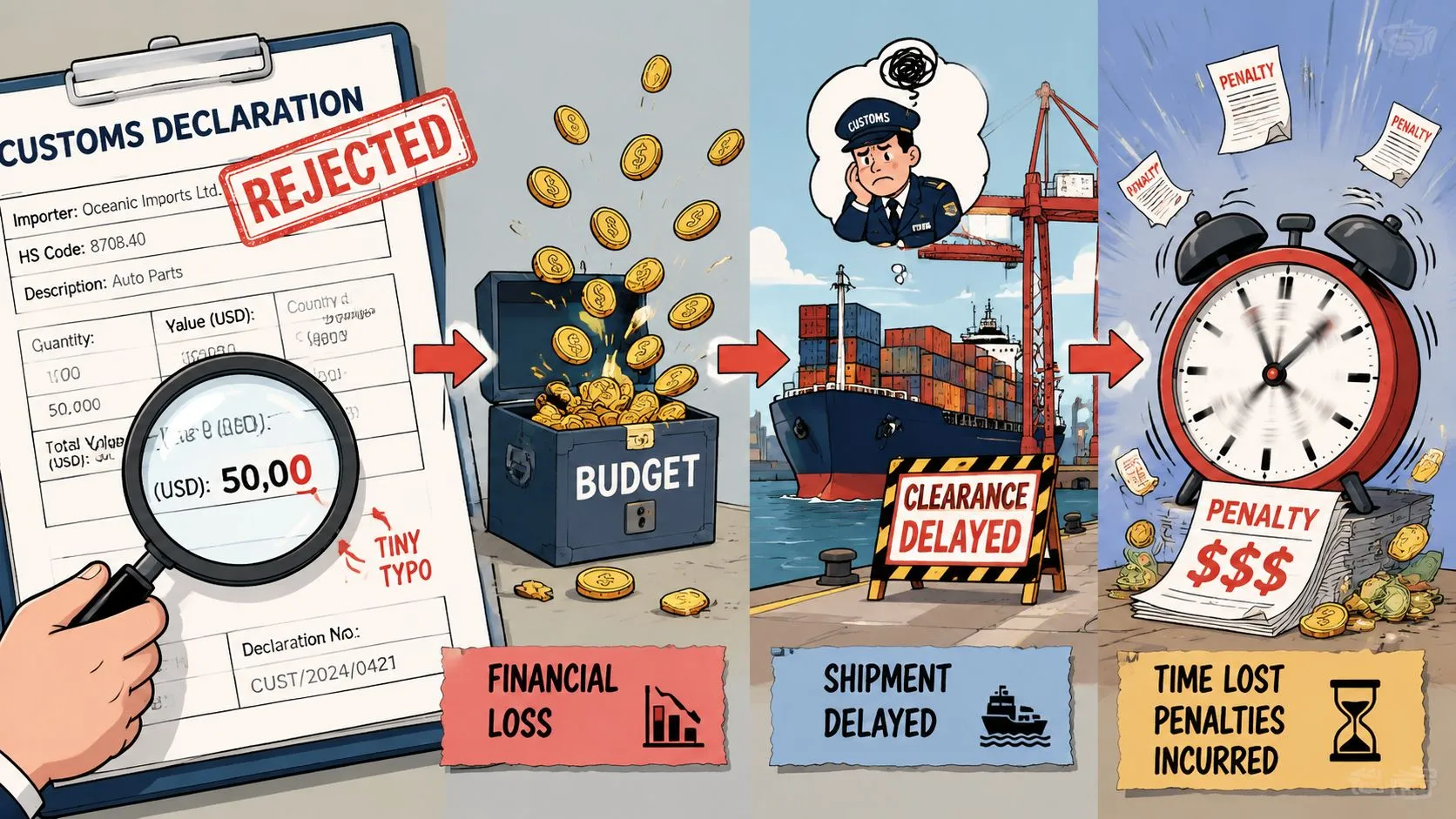 Infografía que ilustra cómo un error tipográfico en una declaración de aduanas provoca retrasos y pérdidas financieras.