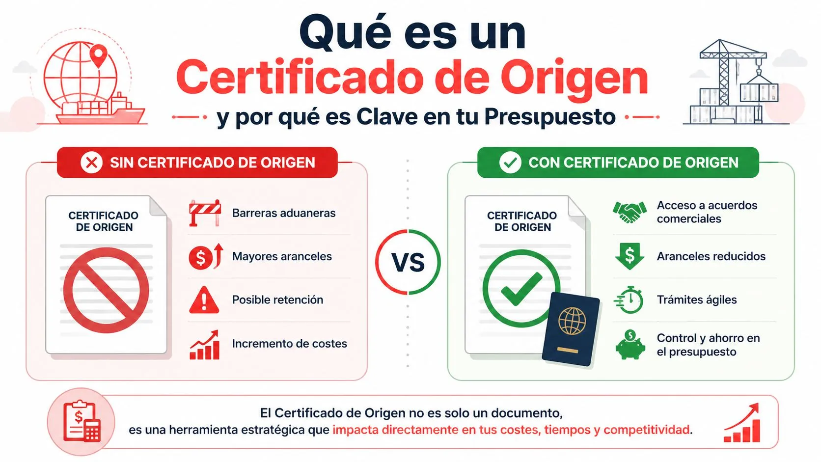 Infografía comparativa sobre los beneficios y la importancia de obtener un Certificado de Origen en comercio internacional.