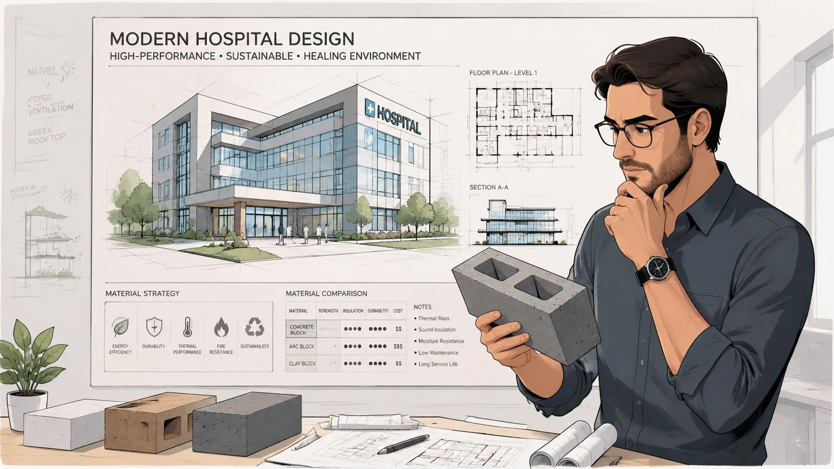 Un arquitecto analizando un bloque de hormigón frente a planos de diseño para un moderno hospital sostenible.