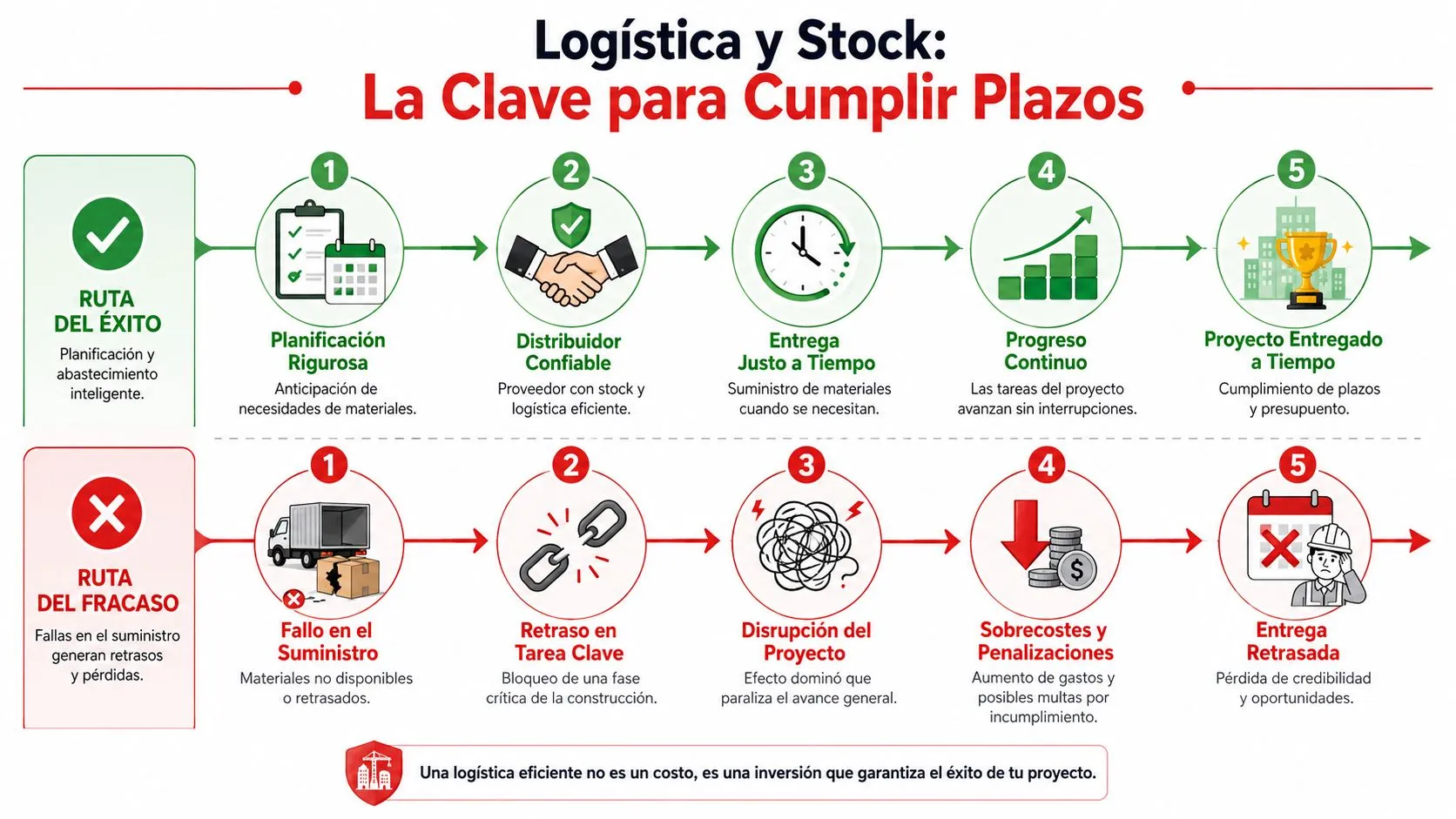 Diagrama comparativo que muestra la importancia de una buena logística para cumplir los plazos de construcción.