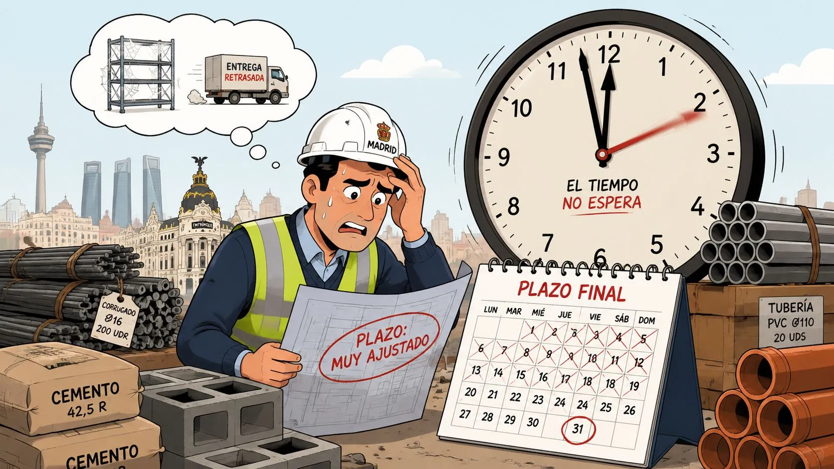 Un ingeniero en Madrid preocupado por los retrasos en las entregas de materiales y los plazos ajustados.