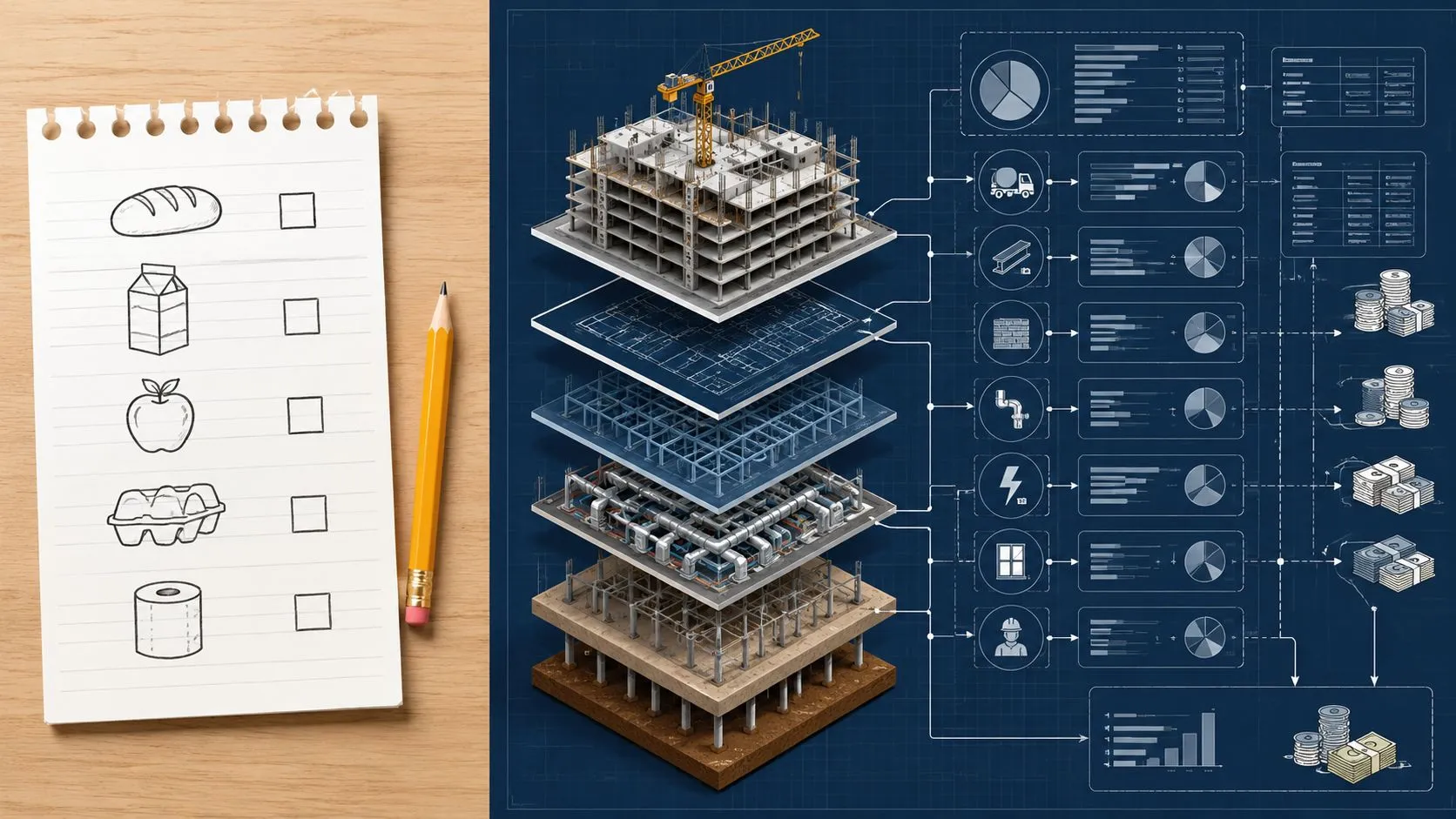 Libreta con lista de compra junto a un plano detallado de construcción con diagramas de costes asociados.