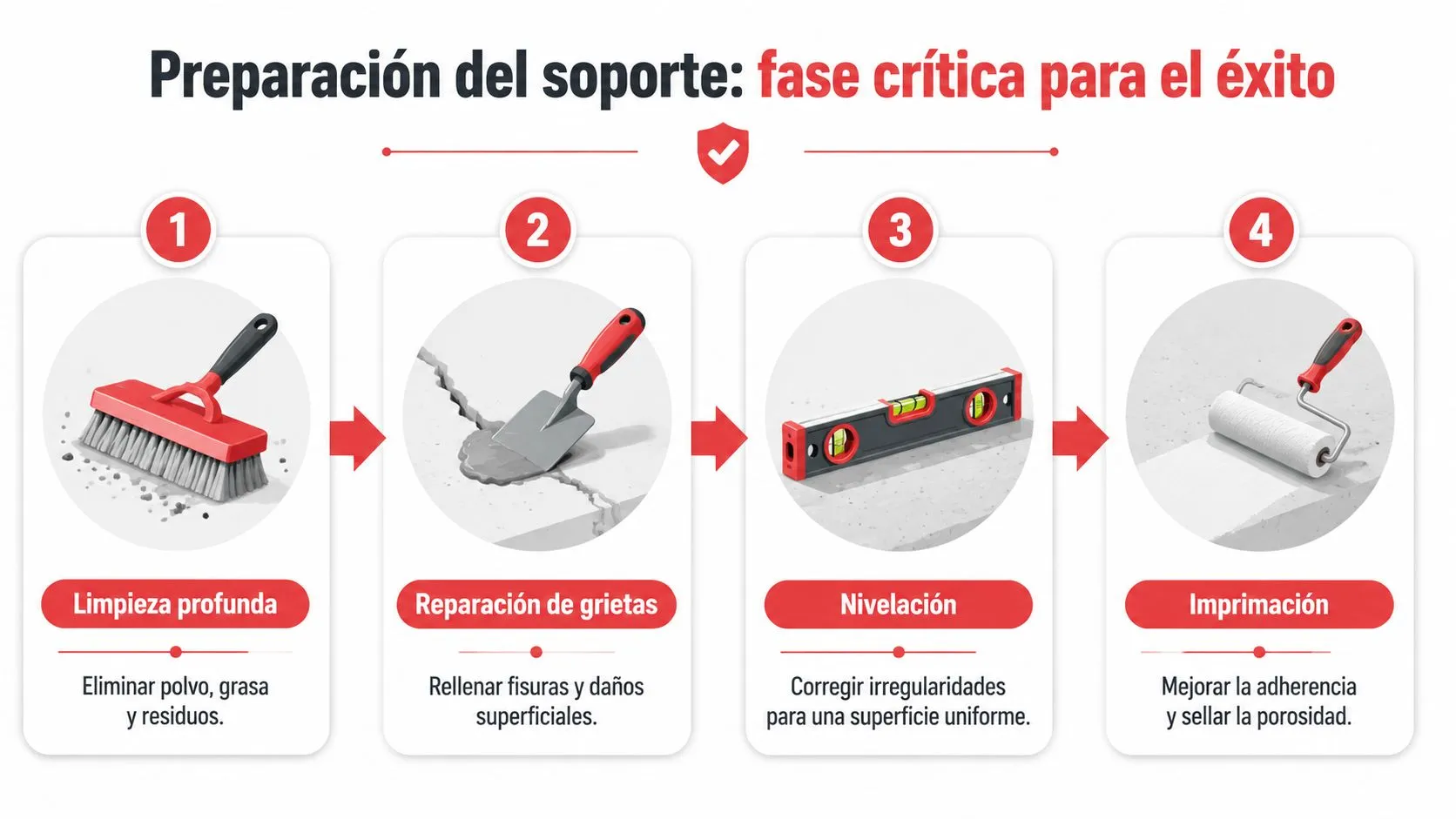 Infografía sobre los cuatro pasos clave para preparar el soporte antes de aplicar pintura para suelo.