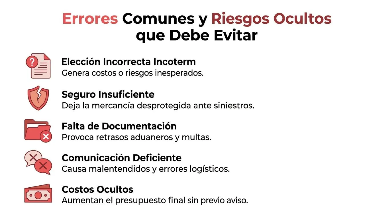 Lista de errores comunes y riesgos ocultos que se deben evitar en logística internacional y transporte.