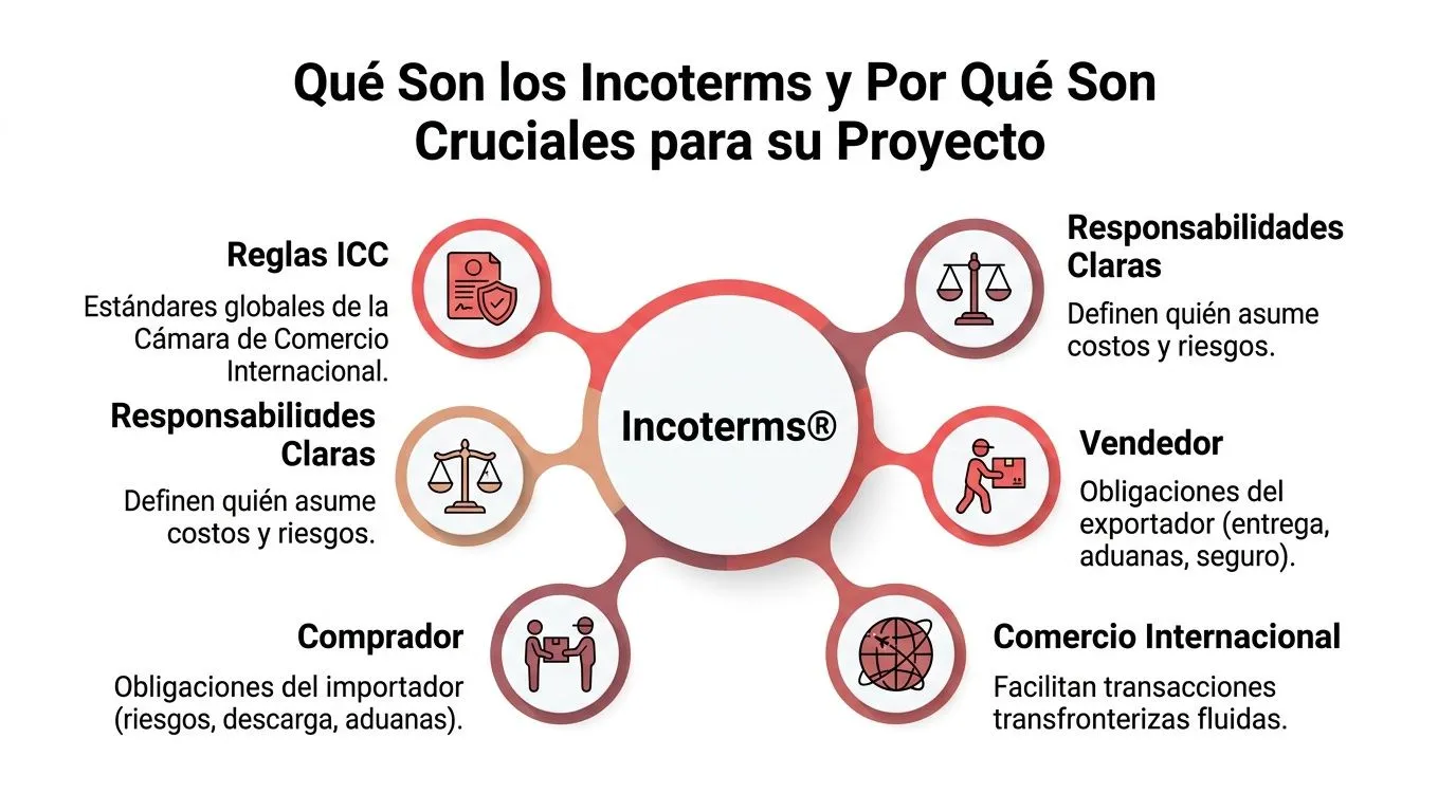 Diagrama explicativo sobre los Incoterms y su importancia en la logística de comercio internacional global.