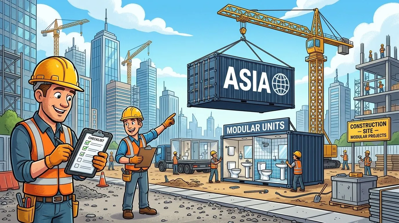 Trabajadores de construcción supervisan la instalación de unidades modulares prefabricadas en una obra urbana moderna.