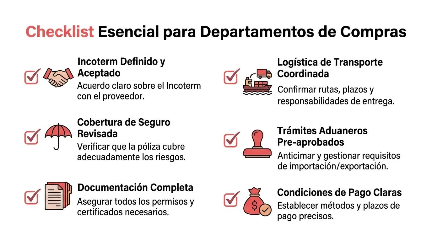Lista de verificación esencial para departamentos de compras sobre logística, incoterms, seguros y gestión de trámites aduaneros.