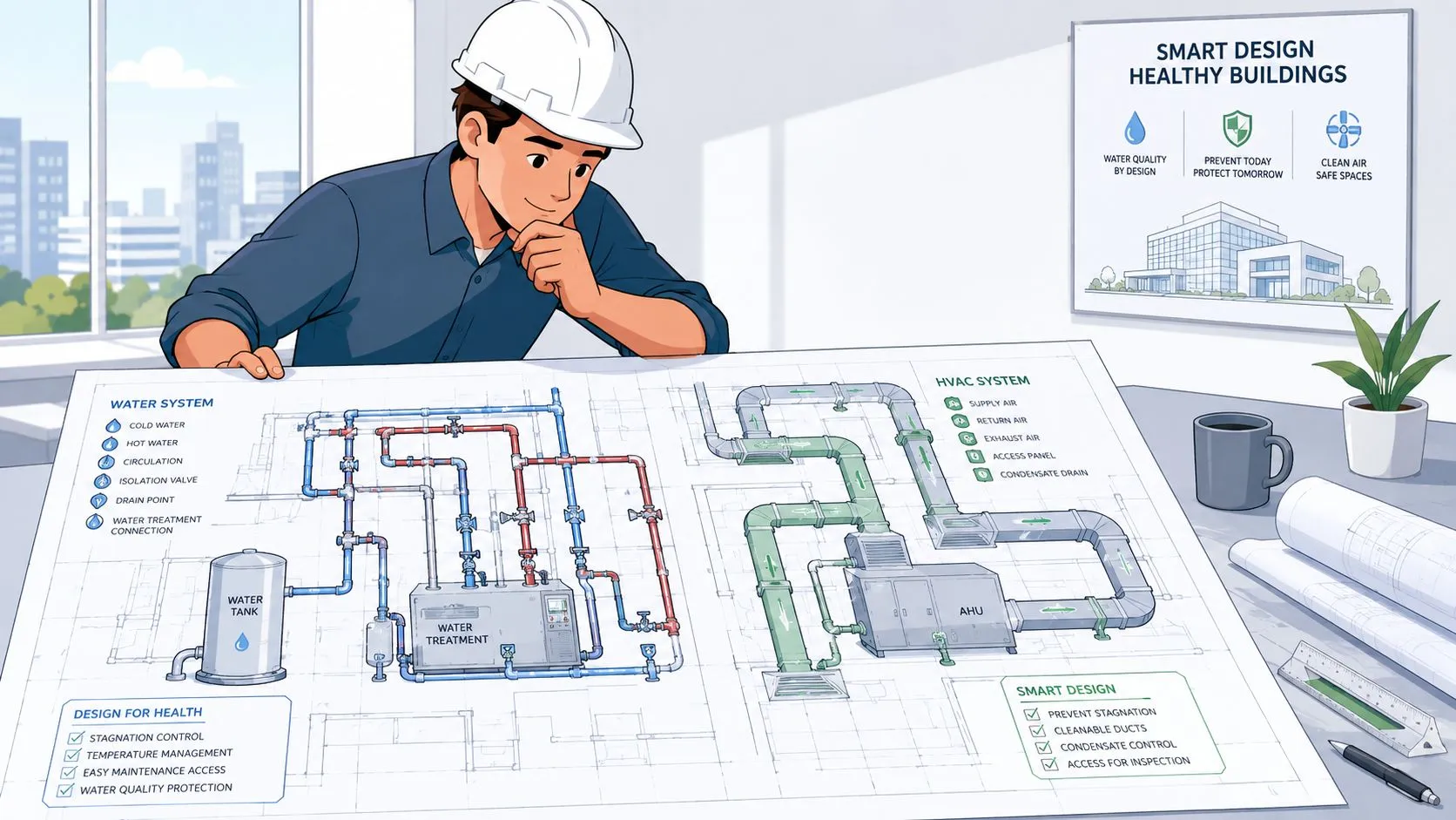Ingeniero revisando planos de diseño para sistemas de agua y climatización en edificios saludables.