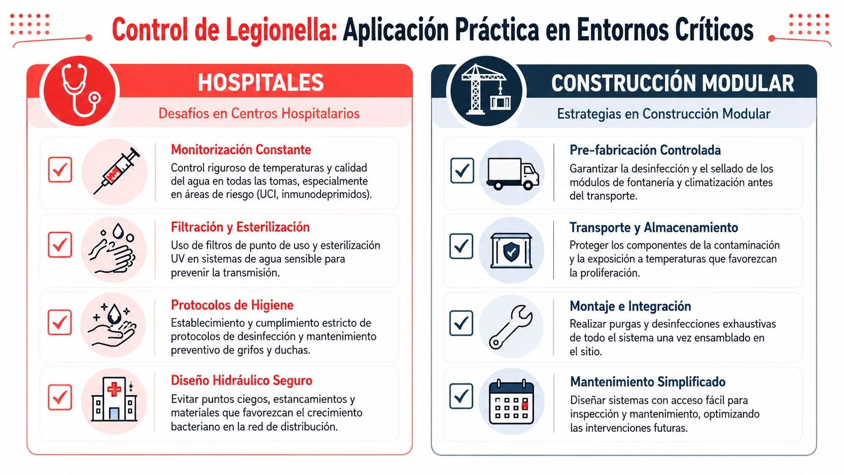 Infografía comparativa sobre el control de legionela en entornos hospitalarios y proyectos de construcción modular profesional.