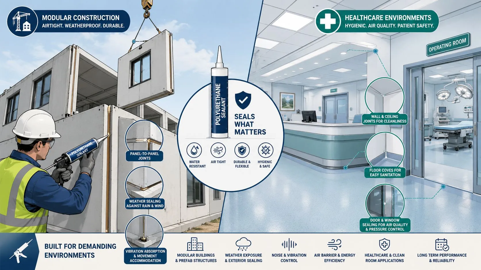 Trabajador aplicando masilla de poliuretano en construcción modular y entorno hospitalario higiénico y seguro.