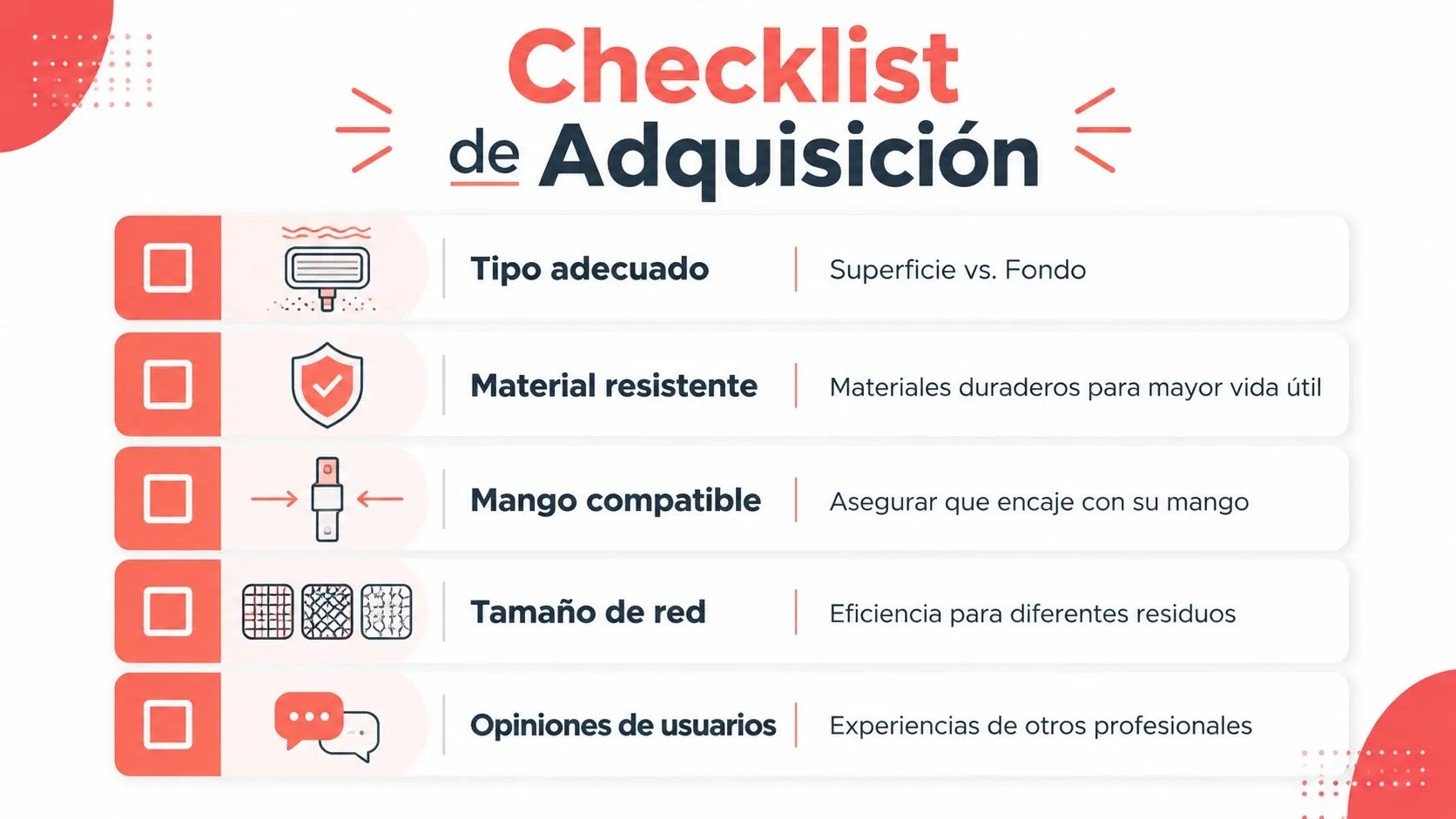 Lista de verificación para la compra de herramientas de limpieza de piscinas con cinco criterios esenciales explicados.