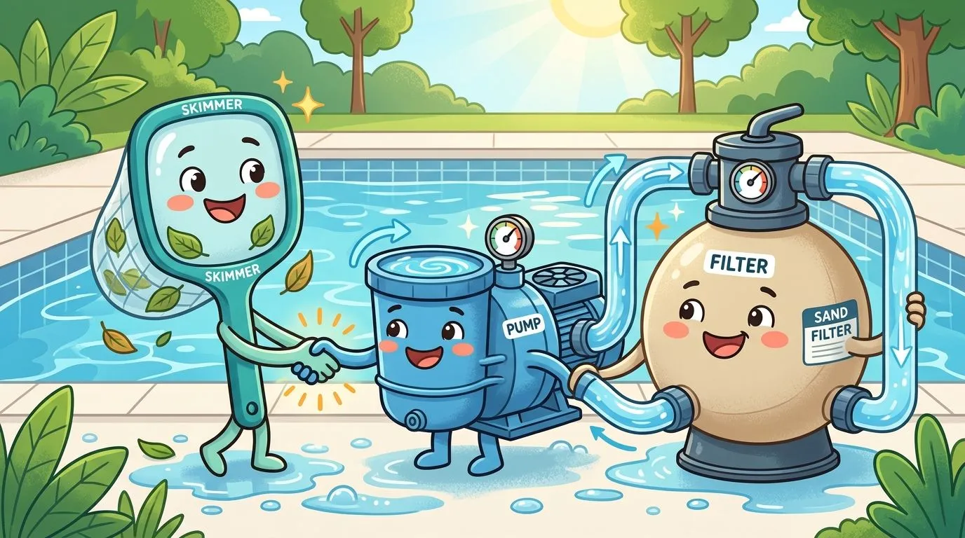Personajes animados de herramientas de limpieza de piscinas como skimmer, bomba y filtro de arena trabajando juntos.