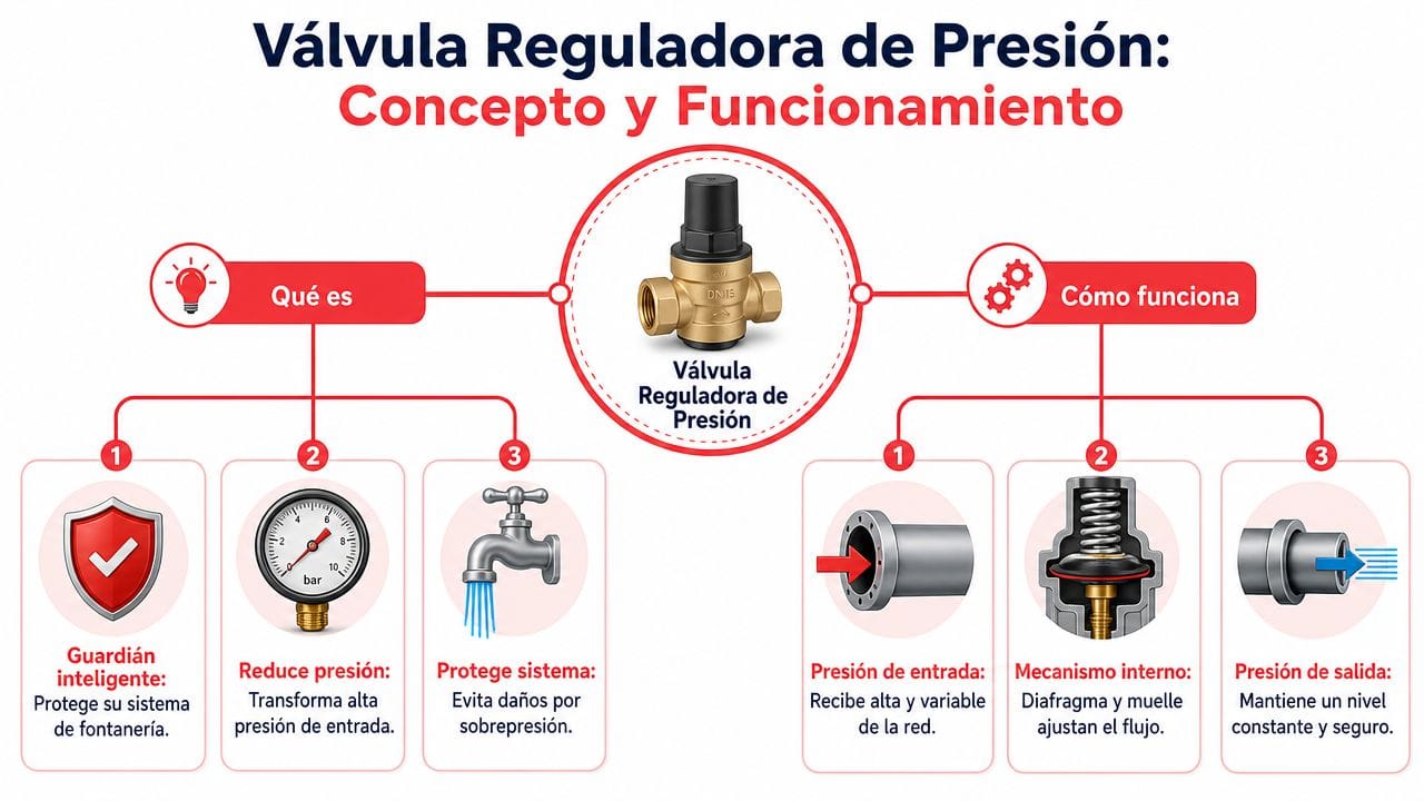 Infografía sobre el concepto y funcionamiento de una válvula reguladora de presión en sistemas de fontanería.