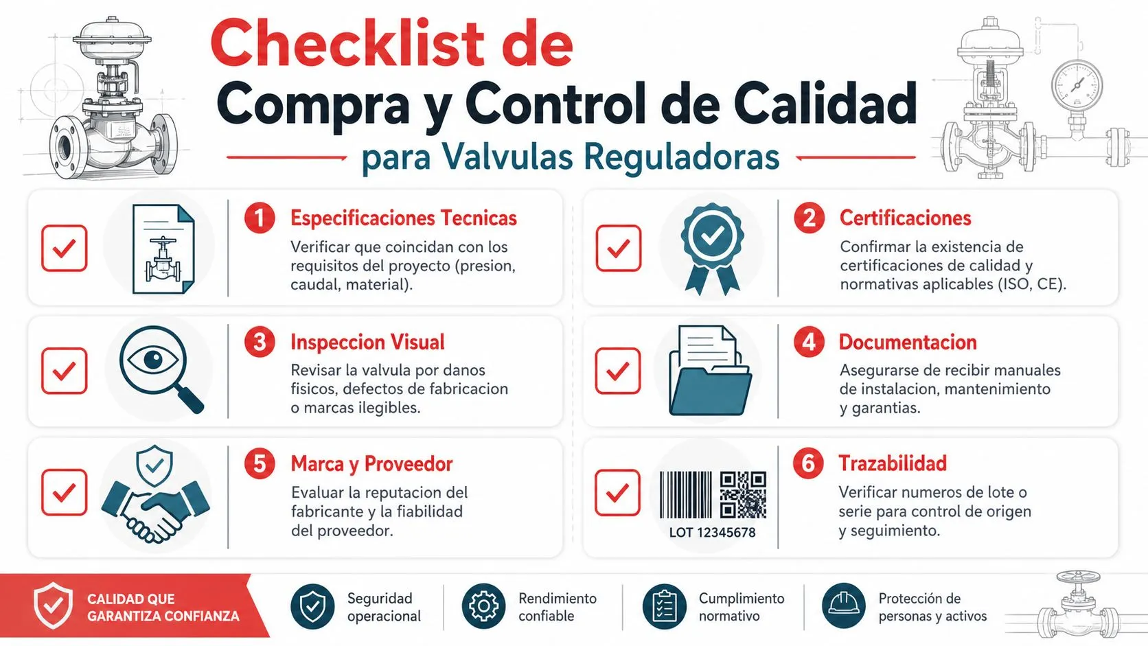 Infografía con una lista de verificación esencial para la compra y control de calidad de válvulas reguladoras.