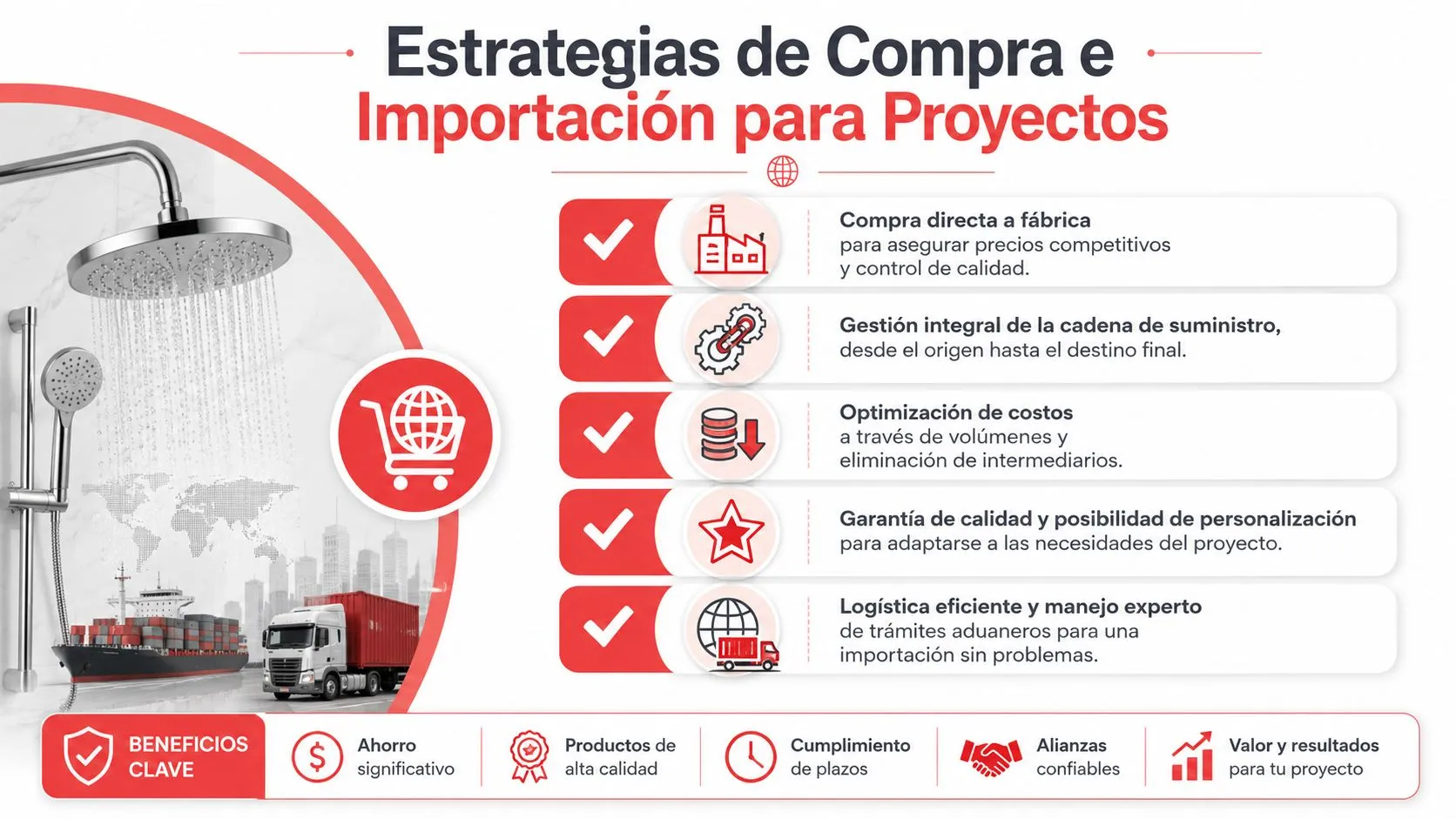 Infografía sobre estrategias de compra e importación de cabezales de ducha con logística eficiente para proyectos industriales.
