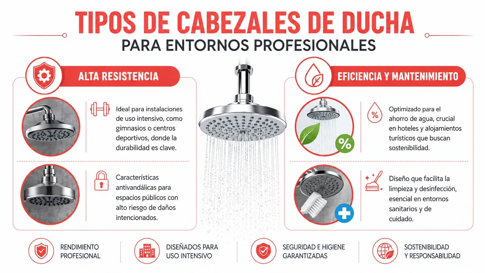 Infografía sobre tipos de cabezales de ducha profesionales según resistencia, eficiencia y facilidad de mantenimiento.