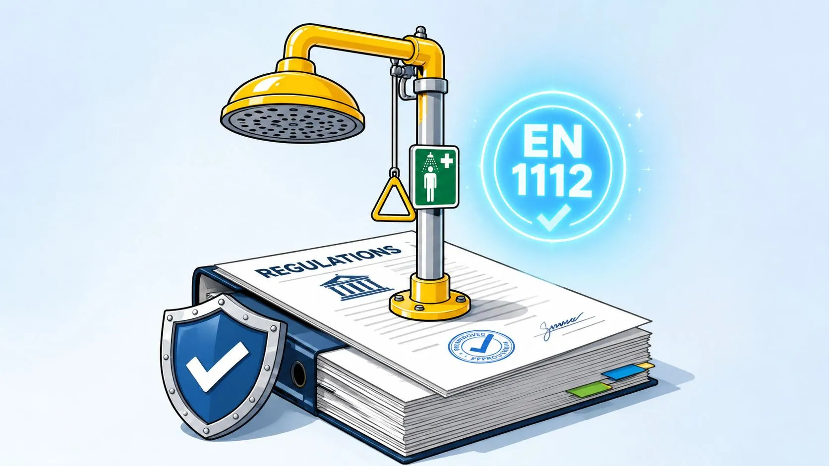 Ducha de seguridad industrial sobre un libro de regulaciones con un emblema de cumplimiento normativo certificado.