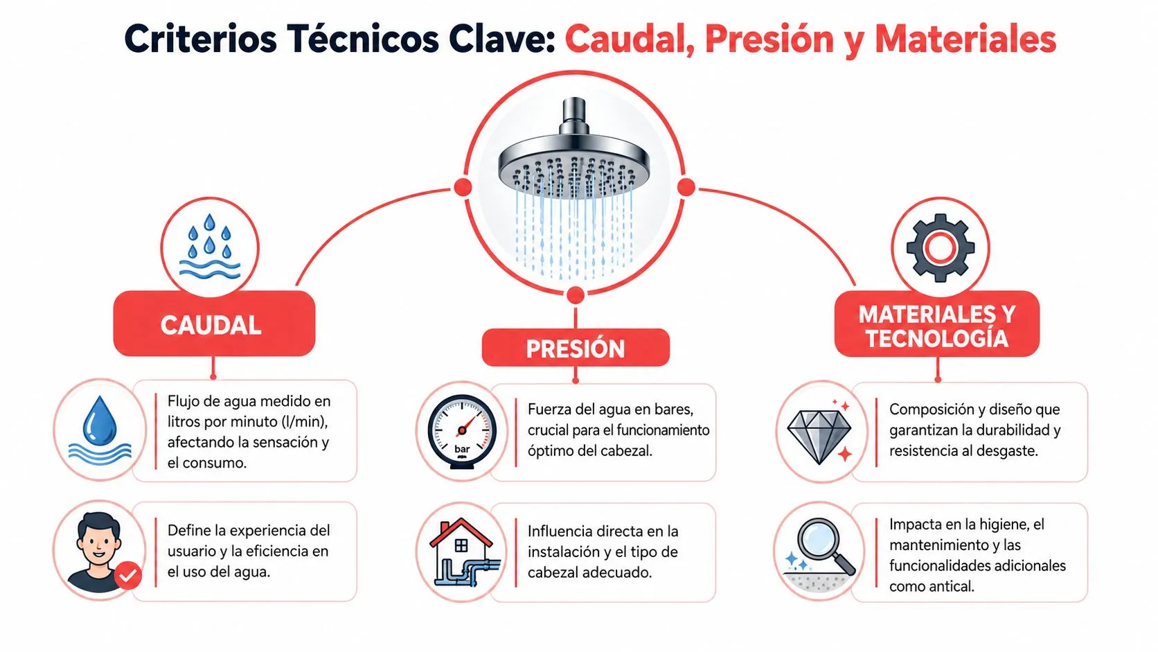 Infografía sobre criterios técnicos clave para elegir un cabezal de ducha: caudal, presión y materiales utilizados.
