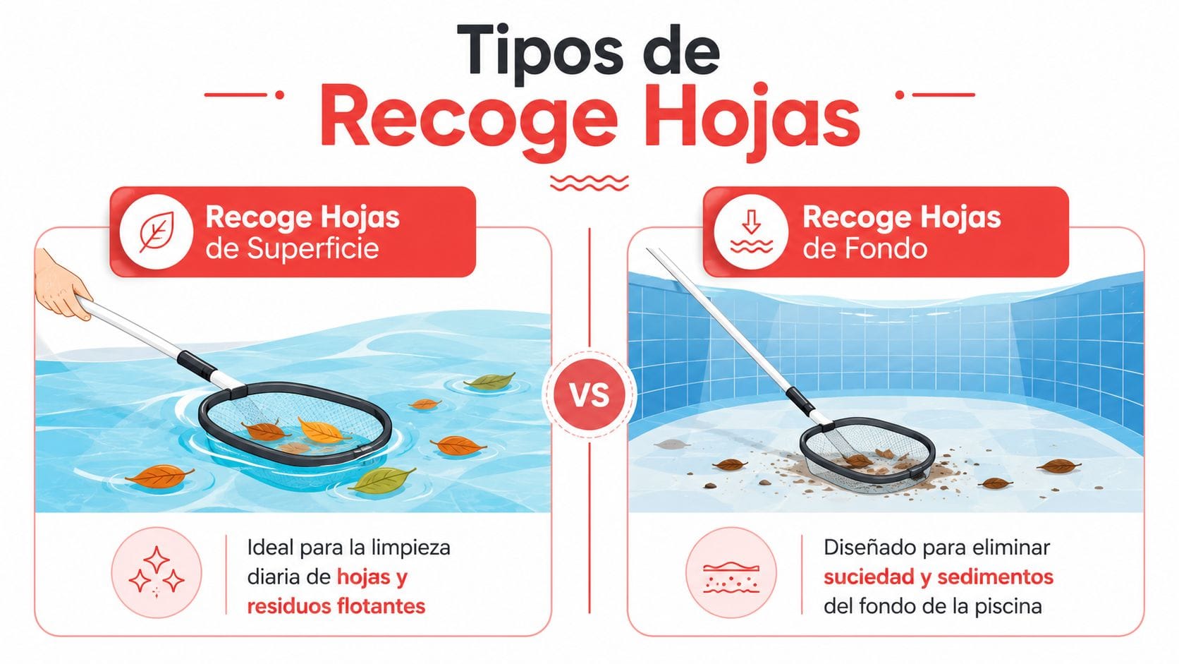 Comparativa de dos tipos de red recoge hojas para limpiar la superficie y el fondo de una piscina.